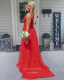 Prom Dress 2025 Red Lace Applique Prom Dresses with Slit Spaghetti Strap Formal Gown 22031-unique elegant Prom Dresses-Red-Custom Size-vigocouture