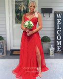 Prom Dress 2025 Red Lace Applique Prom Dresses with Slit Spaghetti Strap Formal Gown 22031-unique elegant Prom Dresses-Red-Custom Size-vigocouture