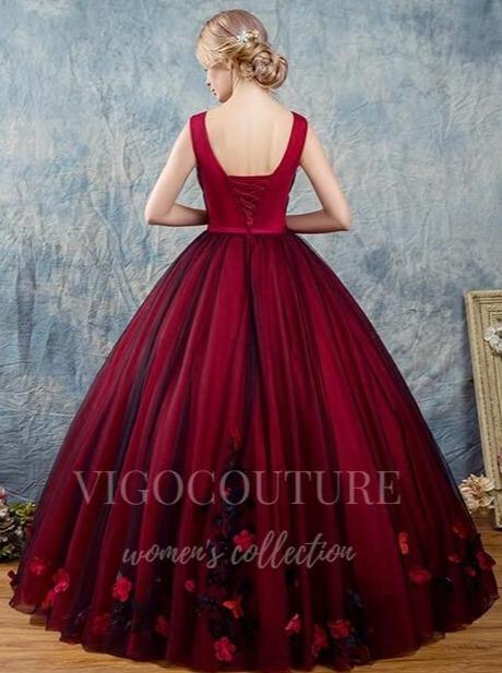 vigocouture-Red Lace Applique Quinceañera Dresses Sleeveless Ball Gown 20436-Prom Dresses-vigocouture-