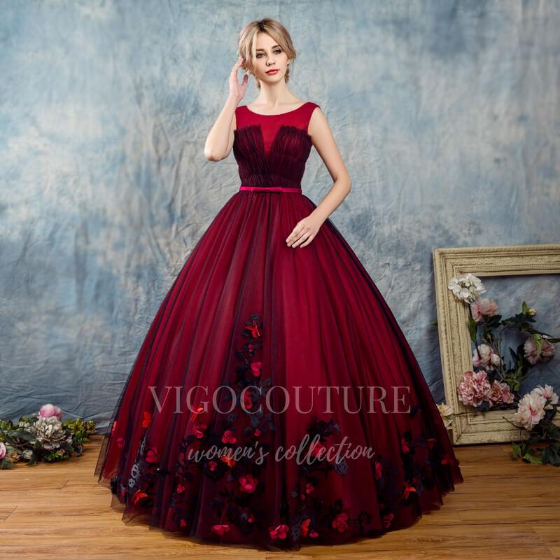 vigocouture-Red Lace Applique Quinceañera Dresses Sleeveless Ball Gown 20436-Prom Dresses-vigocouture-