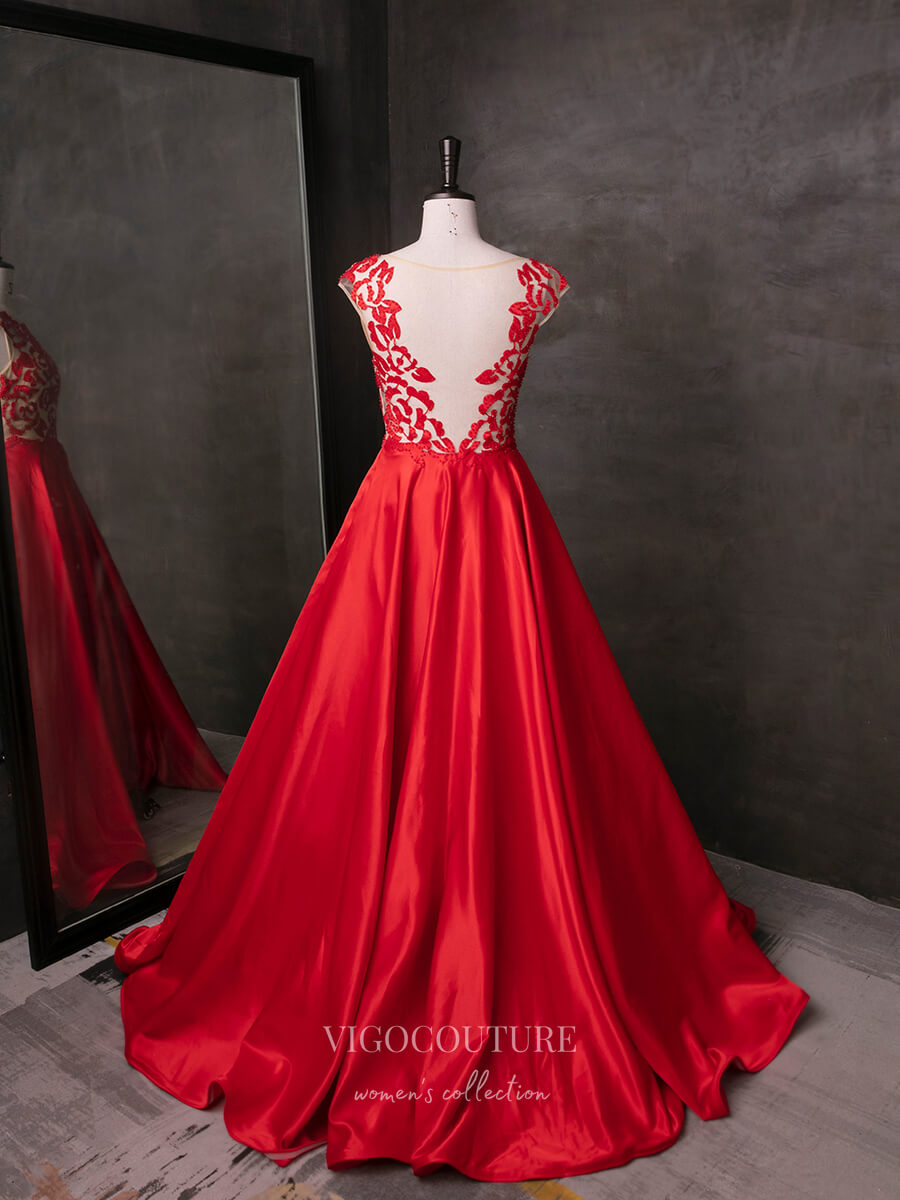 Red Lace Applique Satin Prom Dresses 21013 – vigocouture