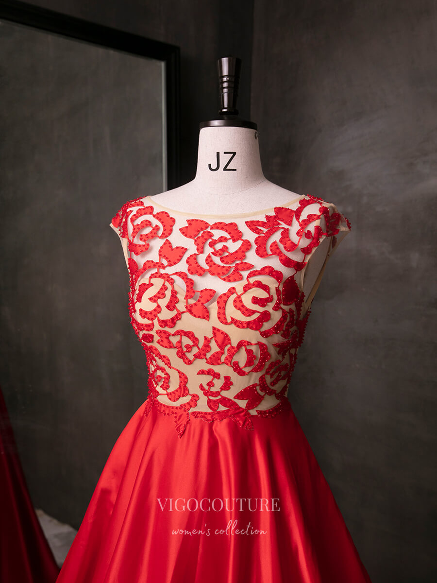 Prom Dress 2025 Red Lace Applique Satin Prom Dresses 21013-unique elegant Prom Dresses-Red-Custom Size-vigocouture