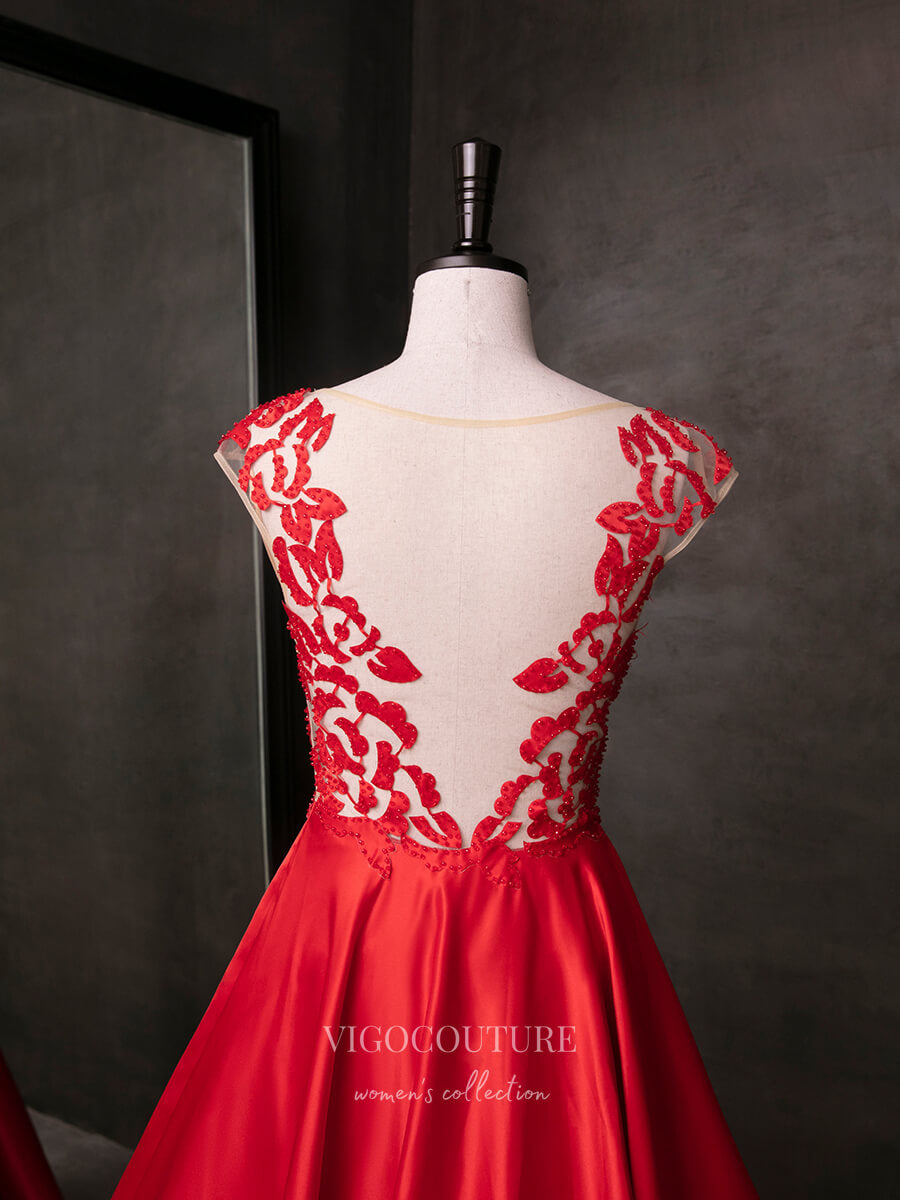 Prom Dress 2025 Red Lace Applique Satin Prom Dresses 21013-unique elegant Prom Dresses-Red-Custom Size-vigocouture