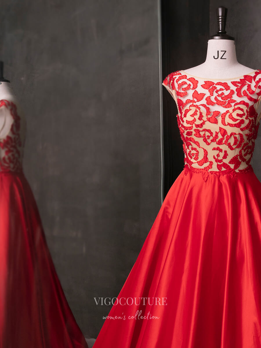 Prom Dress 2025 Red Lace Applique Satin Prom Dresses 21013-unique elegant Prom Dresses-Red-Custom Size-vigocouture