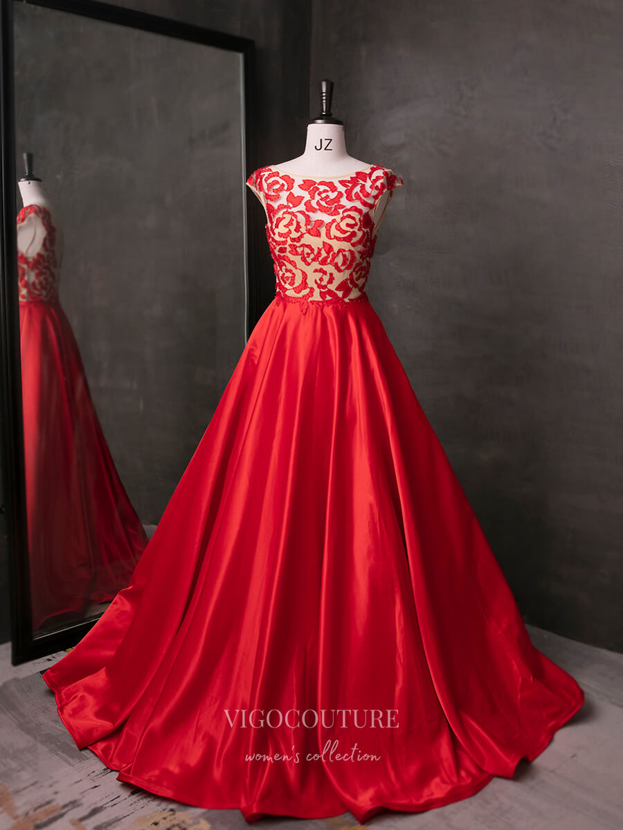 Prom Dress 2025 Red Lace Applique Satin Prom Dresses 21013-unique elegant Prom Dresses-Red-Custom Size-vigocouture