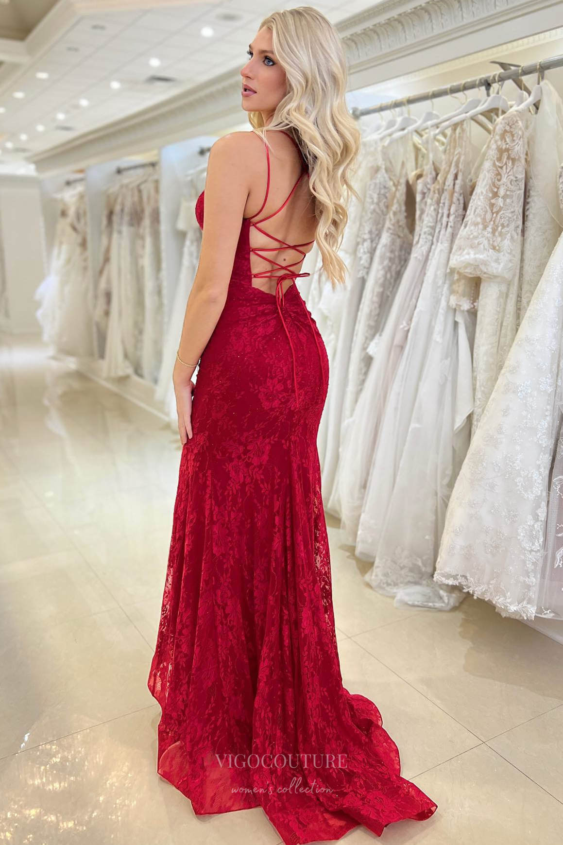 Red Lace Mermaid Cheap Prom Dresses Spaghetti Strap Lace Up Back 24313 vigocouture Red Lace Mermaid Cheap Prom Dresses Spaghetti Strap Lace Up Back 24313 vigocouture