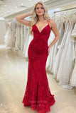 Prom Dress 2025 Red Lace Mermaid Cheap Prom Dresses Spaghetti Strap Lace Up Back 24313-unique elegant Prom Dresses-Red-Custom Size-vigocouture