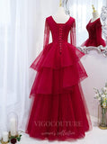 Prom Dress 2025 Red Long Sleeve Beaded Prom Dress 2022 Tiered Formal Dress 20497-unique elegant Prom Dresses-Red-US2-vigocouture