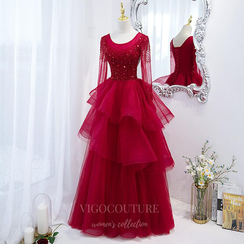 Prom Dress 2025 Red Long Sleeve Beaded Prom Dress 2022 Tiered Formal Dress 20497-unique elegant Prom Dresses-Red-US2-vigocouture