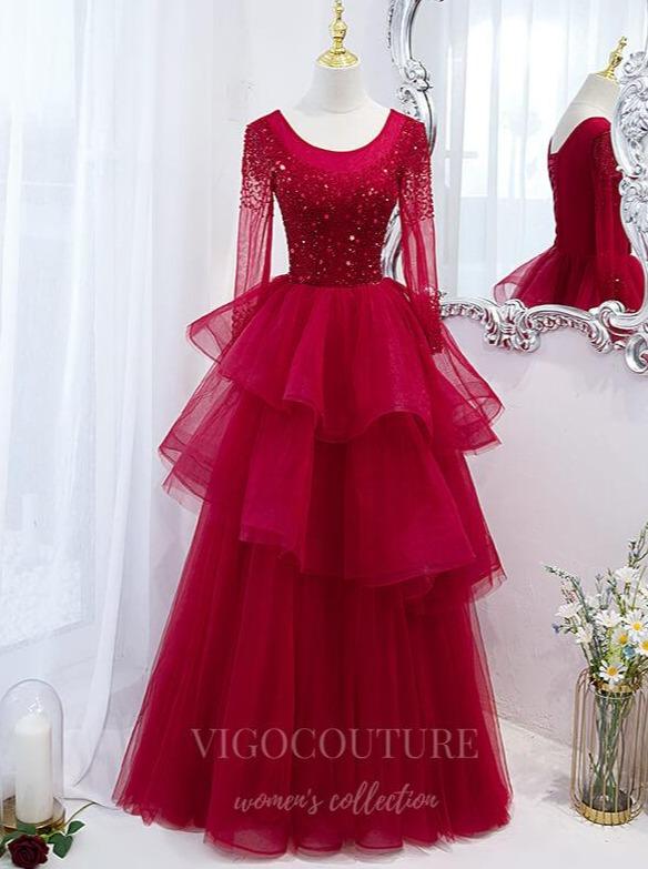 Prom Dress 2025 Red Long Sleeve Beaded Prom Dress 2022 Tiered Formal Dress 20497-unique elegant Prom Dresses-Red-US2-vigocouture