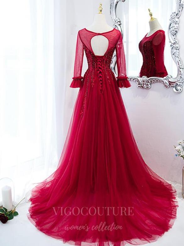 Prom Dress 2025 Red Long Sleeve Prom Dress 2022 Beaded Formal Dress 20502-unique elegant Prom Dresses-Red-US2-vigocouture