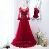 Prom Dress 2025 Red Long Sleeve Prom Dress 2022 Beaded Formal Dress 20502-unique elegant Prom Dresses-Red-US2-vigocouture