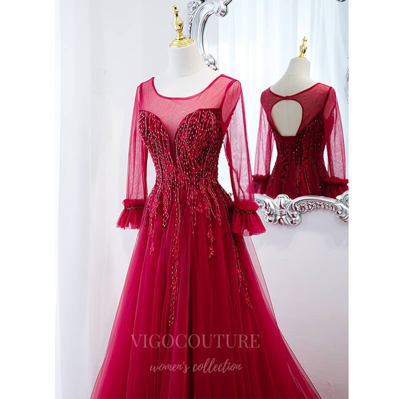 Prom Dress 2025 Red Long Sleeve Prom Dress 2022 Beaded Formal Dress 20502-unique elegant Prom Dresses-Red-US2-vigocouture