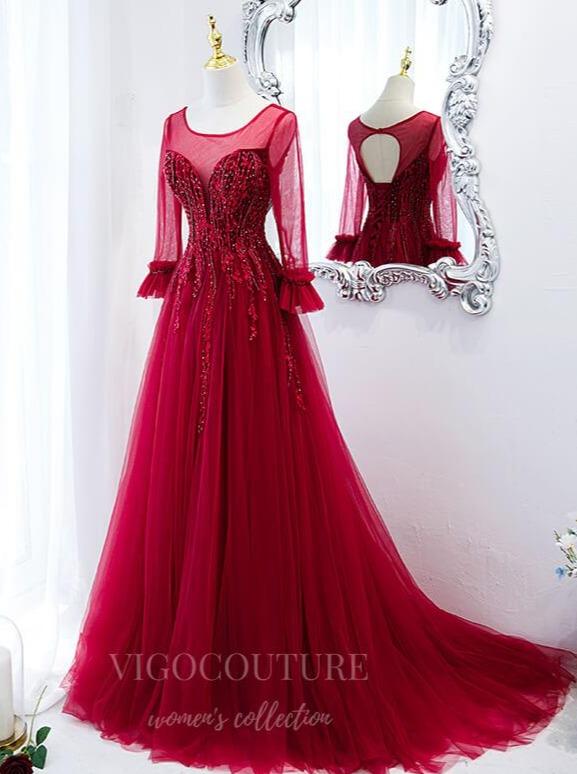 Prom Dress 2025 Red Long Sleeve Prom Dress 2022 Beaded Formal Dress 20502-unique elegant Prom Dresses-Red-US2-vigocouture