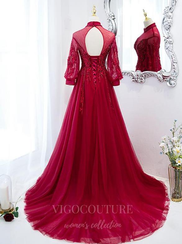 Red Long Sleeve Prom Dress 2022 Beaded High Neck Formal Dress 20503 vigocouture Red Long Sleeve Prom Dress 2022 Beaded High Neck Formal Dress 20503 vigocouture