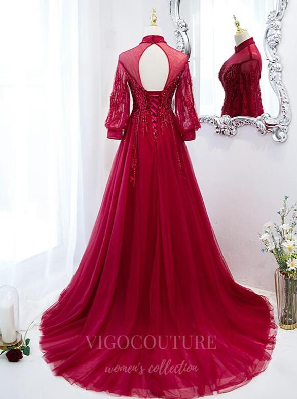 Prom Dress 2025 Red Long Sleeve Prom Dress 2022 Beaded High Neck Formal Dress 20503-unique elegant Prom Dresses-Red-US2-vigocouture