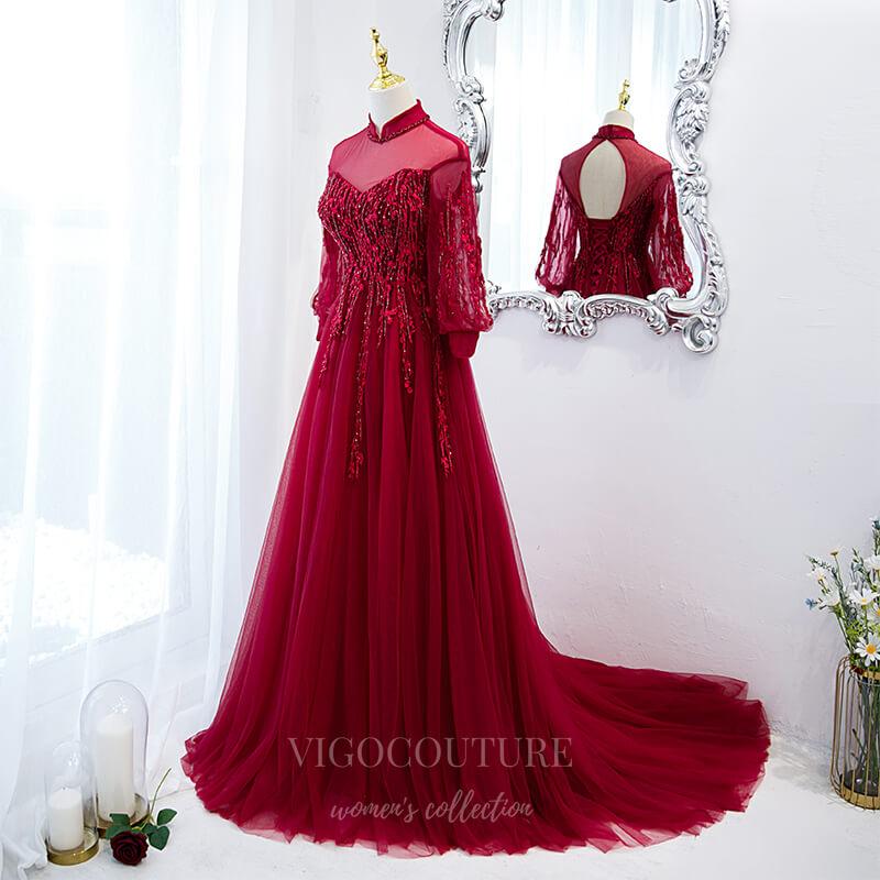 Prom Dress 2025 Red Long Sleeve Prom Dress 2022 Beaded High Neck Formal Dress 20503-unique elegant Prom Dresses-Red-US2-vigocouture