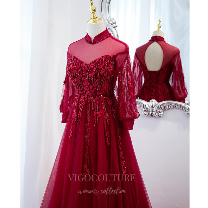 Prom Dress 2025 Red Long Sleeve Prom Dress 2022 Beaded High Neck Formal Dress 20503-unique elegant Prom Dresses-Red-US2-vigocouture