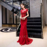 Prom Dress 2025 Red Mermaid Beaded Round Neck Prom Dress 20040-unique elegant Prom Dresses-Red-US2-vigocouture