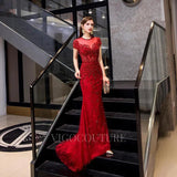 Prom Dress 2025 Red Mermaid Beaded Round Neck Prom Dress 20040-unique elegant Prom Dresses-Red-US2-vigocouture