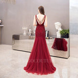 Prom Dress 2025 Red Mermaid Evening Dress Boatneck Beaded Prom Dresses 20032-unique elegant Prom Dresses-Red-US2-vigocouture