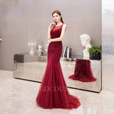 Prom Dress 2025 Red Mermaid Evening Dress Boatneck Beaded Prom Dresses 20032-unique elegant Prom Dresses-Red-US2-vigocouture