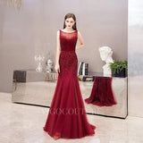 Prom Dress 2025 Red Mermaid Evening Dress Boatneck Beaded Prom Dresses 20032-unique elegant Prom Dresses-Red-US2-vigocouture