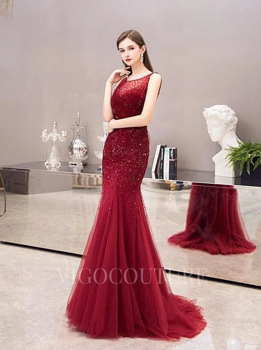 Prom Dress 2025 Red Mermaid Evening Dress Boatneck Beaded Prom Dresses 20032-unique elegant Prom Dresses-Red-US2-vigocouture