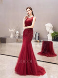 Prom Dress 2025 Red Mermaid Evening Dress Boatneck Beaded Prom Dresses 20032-unique elegant Prom Dresses-Red-US2-vigocouture