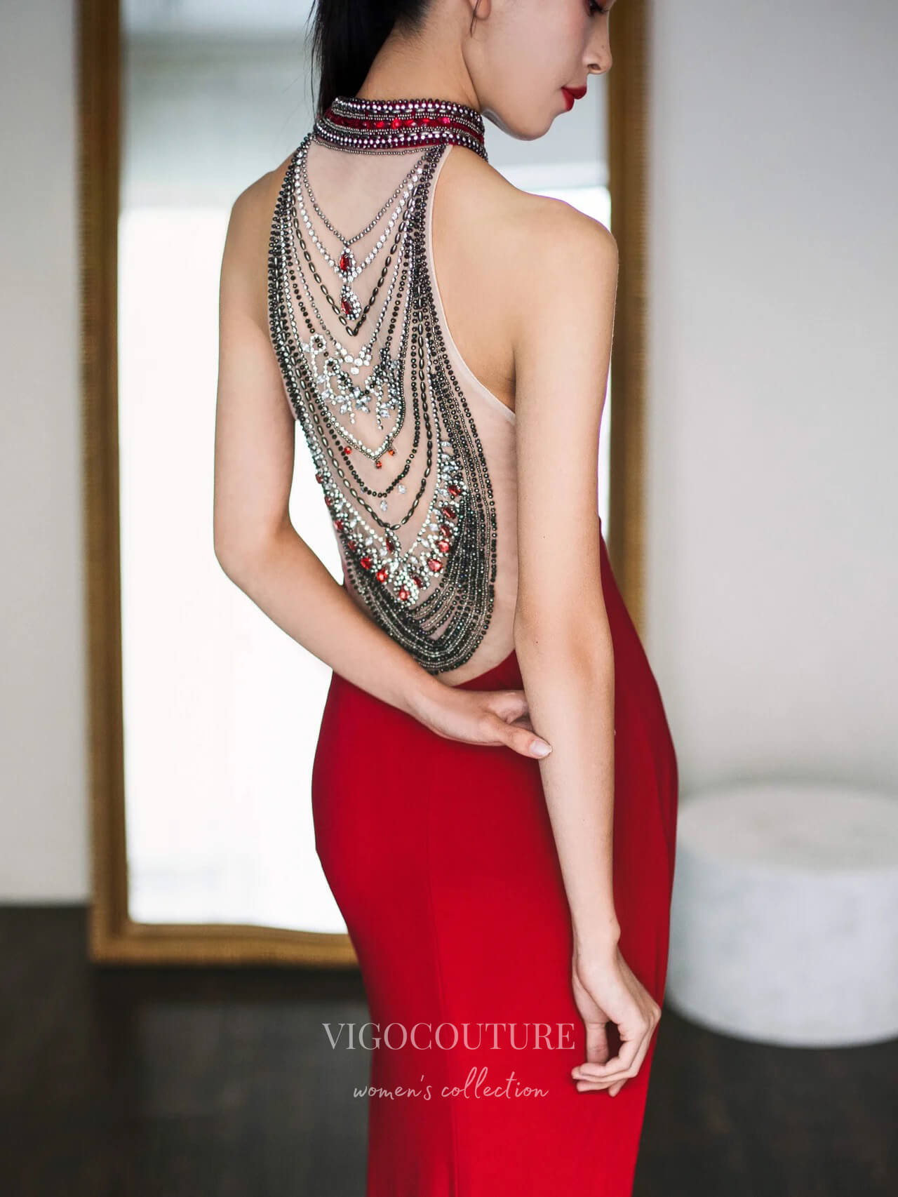 Prom Dress 2025 Red Mermaid Prom Dresses Beaded Back Formal Dresses 21033-unique elegant Prom Dresses-Red-Custom Size-vigocouture