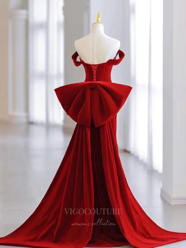 Prom Dress 2025 Red Mermaid Velvet Prom Dress Off the Shoulder 21003-unique elegant Prom Dresses-Red-Custom Size-vigocouture