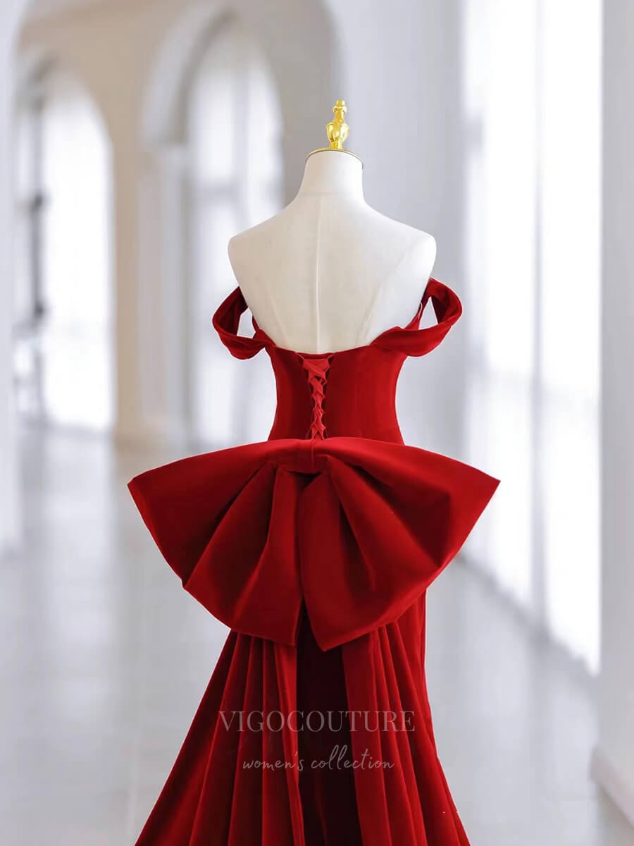 Prom Dress 2025 Red Mermaid Velvet Prom Dress Off the Shoulder 21003-unique elegant Prom Dresses-Red-Custom Size-vigocouture