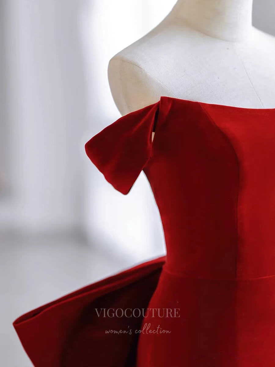 Prom Dress 2025 Red Mermaid Velvet Prom Dress Off the Shoulder 21003-unique elegant Prom Dresses-Red-Custom Size-vigocouture