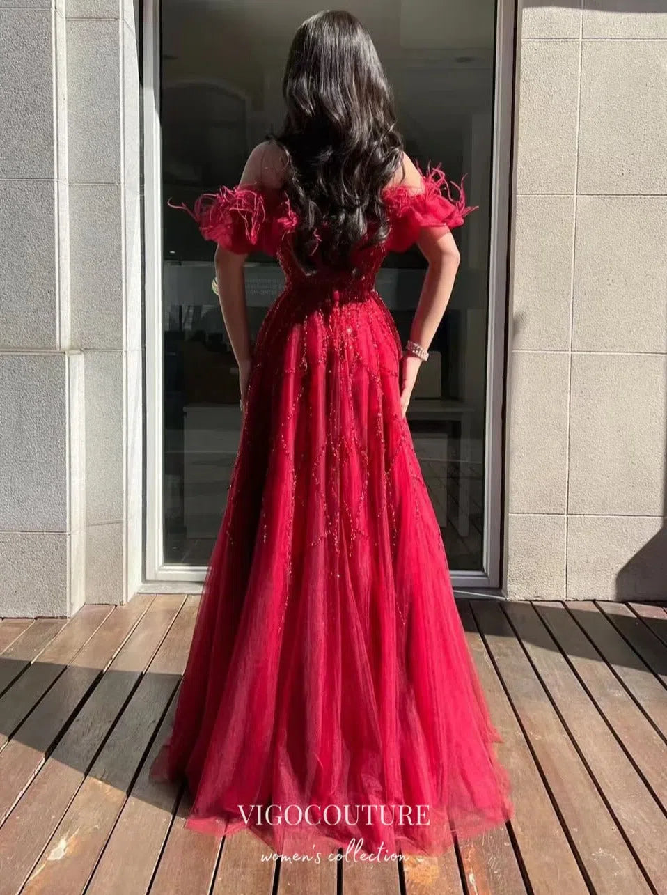 Prom Dress 2025 Red Off the Shoulder Beaded Prom Dress with Feathers 22237-unique elegant Prom Dresses-Red-US2-vigocouture