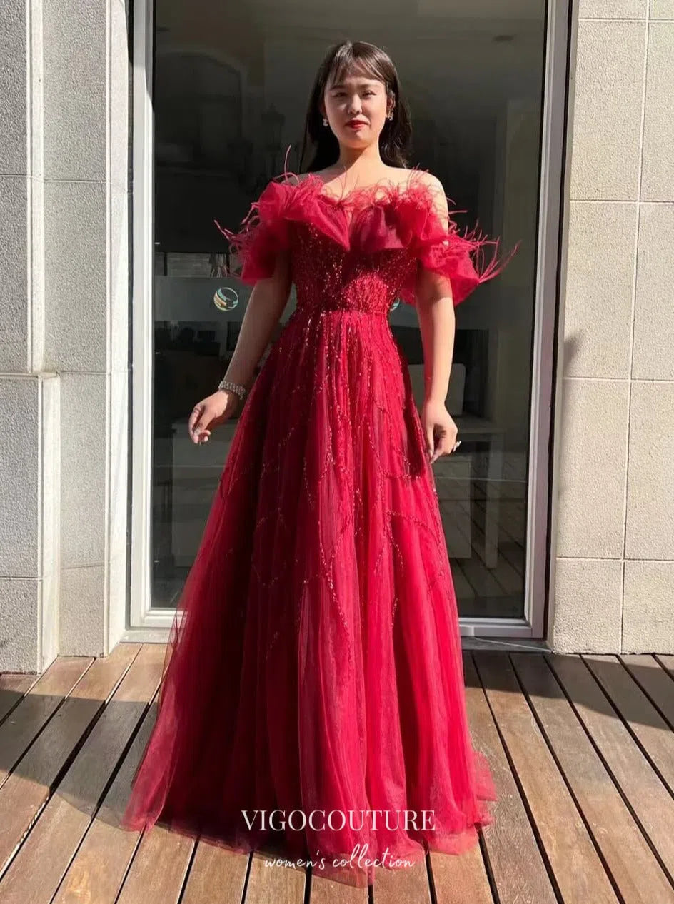 Prom Dress 2025 Red Off the Shoulder Beaded Prom Dress with Feathers 22237-unique elegant Prom Dresses-Red-US2-vigocouture