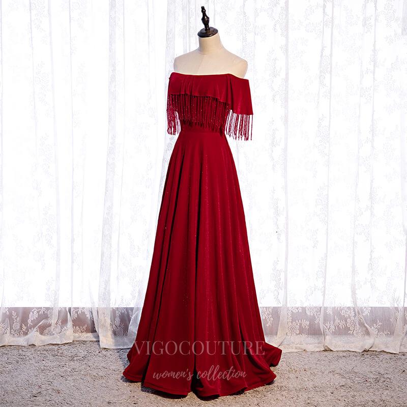 Prom Dress 2025 Red Off the Shoulder Prom Dress 2022 Beaded Party Dress 20515-unique elegant Prom Dresses-Red-US2-vigocouture