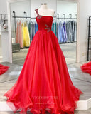 Red One Shoulder Prom Dresses Pleated Organza Evening Dress 21802