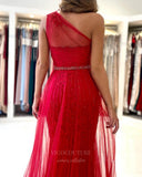 Prom Dress 2025 Red One Shoulder Tulle Lace Prom Dress 20826-unique elegant Prom Dresses-Red-US2-vigocouture