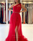 Prom Dress 2025 Red One Shoulder Tulle Lace Prom Dress 20826-unique elegant Prom Dresses-Red-US2-vigocouture