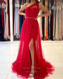 Red One Shoulder Tulle Lace Prom Dress 20826