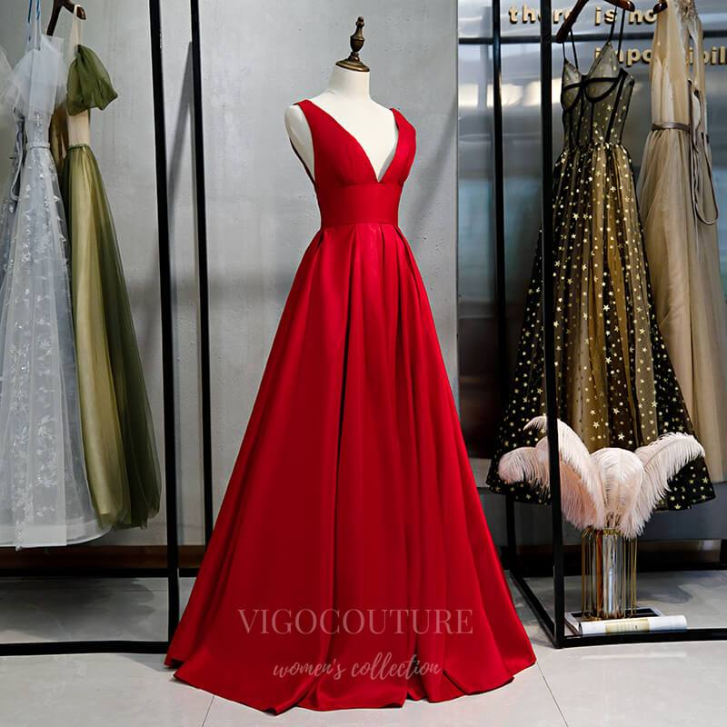 Prom Dress 2025 Red Plunging V-Neck Prom Dress 2022 Satin Formal Dress 20550-unique elegant Prom Dresses-Red-US2-vigocouture