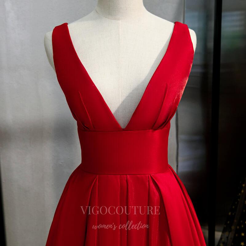 Prom Dress 2025 Red Plunging V-Neck Prom Dress 2022 Satin Formal Dress 20550-unique elegant Prom Dresses-Red-US2-vigocouture