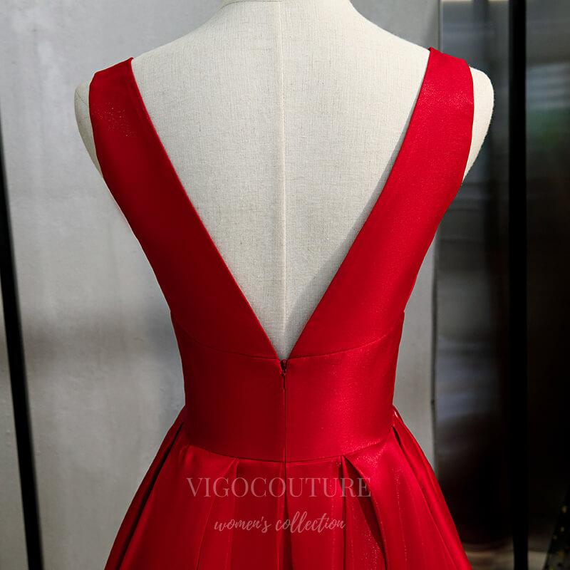 Prom Dress 2025 Red Plunging V-Neck Prom Dress 2022 Satin Formal Dress 20550-unique elegant Prom Dresses-Red-US2-vigocouture