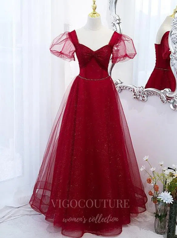 Prom Dress 2025 Red Puffed Sleeve Prom Dress 2022 Sparkly Tulle Party Dress 20510-unique elegant Prom Dresses-Red-US2-vigocouture