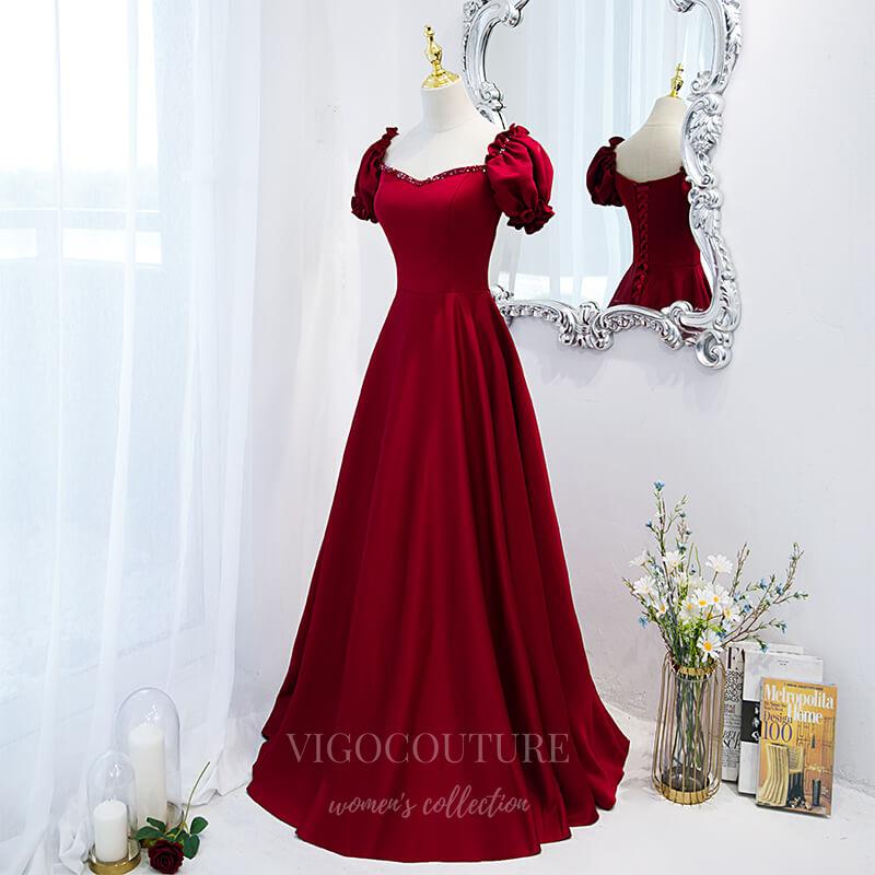 Prom Dress 2025 Red Puffed Sleeve Prom Dress 2022 Sweetheart Neck Formal Dress 20505-unique elegant Prom Dresses-Red-US2-vigocouture