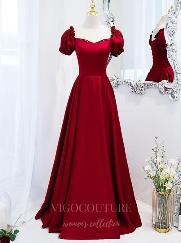 Prom Dress 2025 Red Puffed Sleeve Prom Dress 2022 Sweetheart Neck Formal Dress 20505-unique elegant Prom Dresses-Red-US2-vigocouture