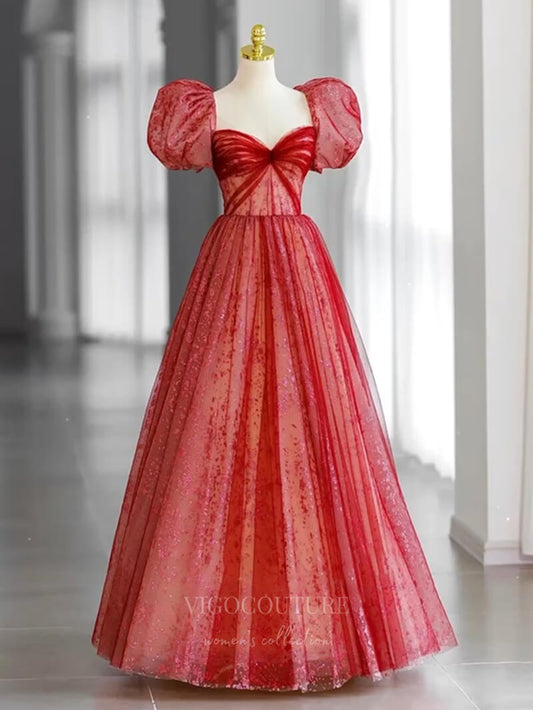 Prom Dress 2025 Red Puffed Sleeve Prom Dress Sweetheart Neck 21007-unique elegant Prom Dresses-Red-Custom Size-vigocouture