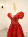 Prom Dress 2025 Red Puffed Sleeve Prom Dresses Beaded Formal Dresses 21191-unique elegant Prom Dresses-Red-Custom Size-vigocouture