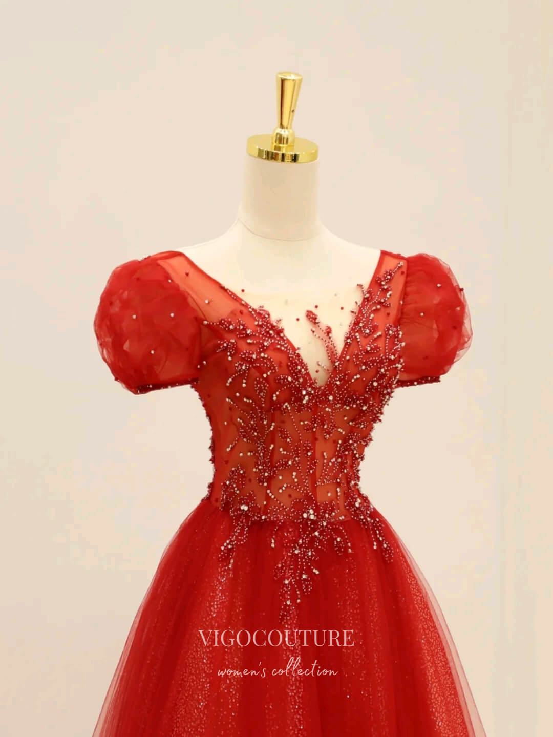 Prom Dress 2025 Red Puffed Sleeve Prom Dresses Beaded Formal Dresses 21191-unique elegant Prom Dresses-Red-Custom Size-vigocouture