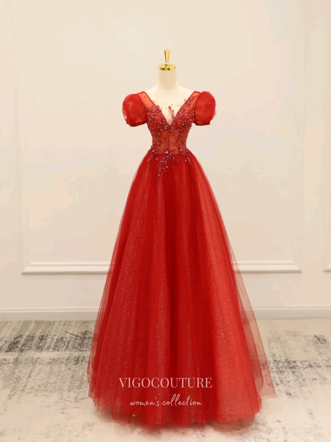 Prom Dress 2025 Red Puffed Sleeve Prom Dresses Beaded Formal Dresses 21191-unique elegant Prom Dresses-Red-Custom Size-vigocouture